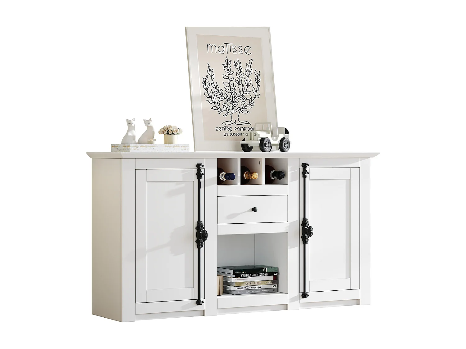 Buffet 130x35x70cm - 2 portes et 1 tiroir - avec casier à vin - Espace de rangement semi-ouvert - design rétro- Blanc