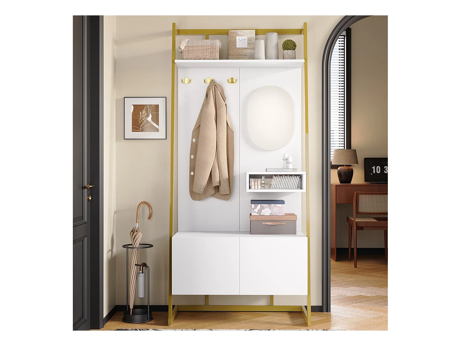 Ensemble vestiaire d'entrée 78x38,5x180,5cm - avec miroir et crochets - Meuble à chaussures - avec étagères - Blanc