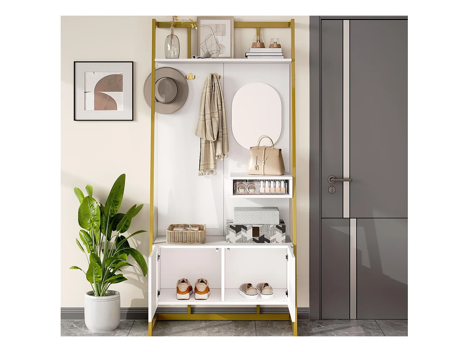 Ensemble vestiaire d'entrée 78x38,5x180,5cm - avec miroir et crochets - Meuble à chaussures - avec étagères - Blanc