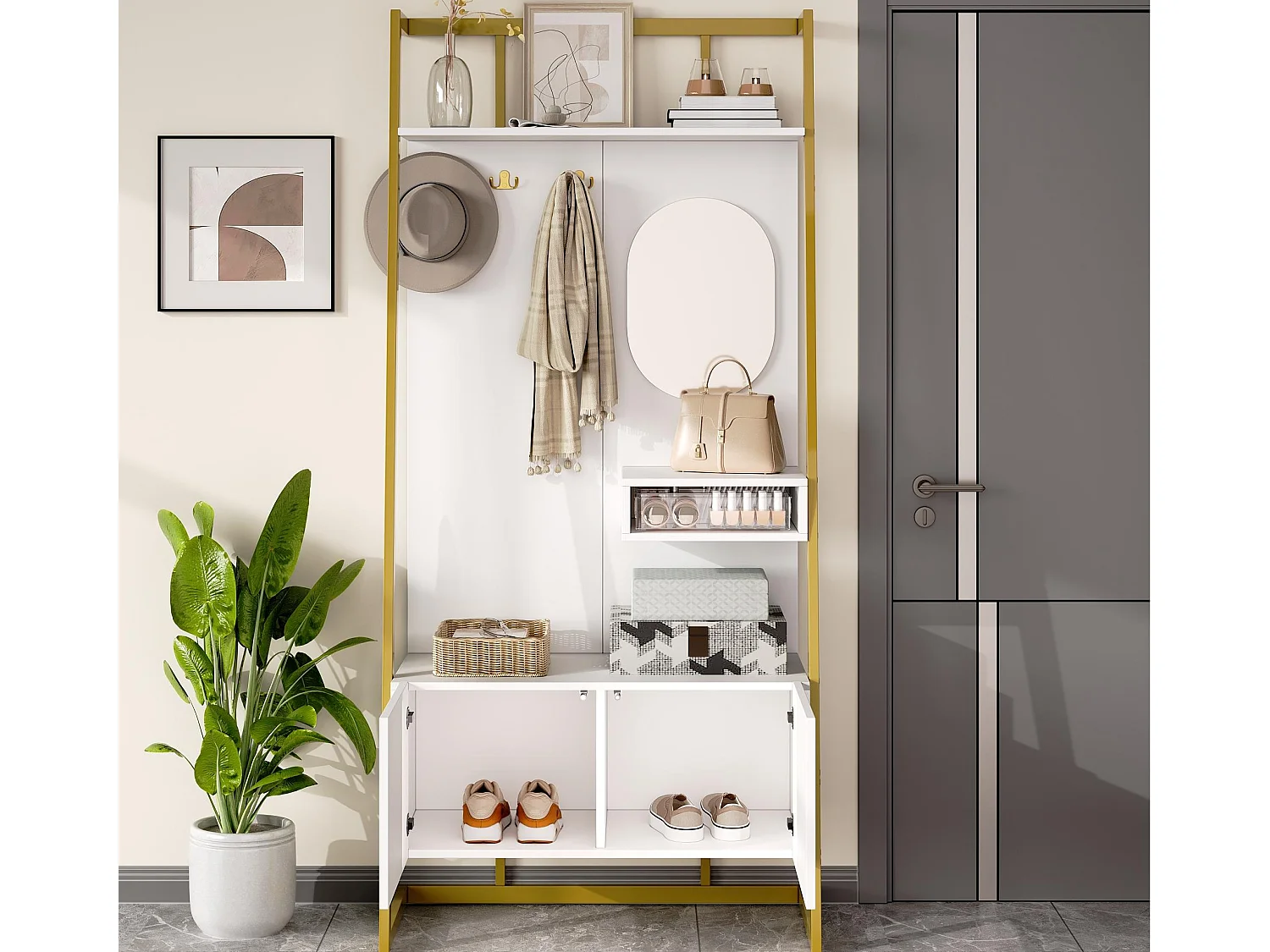 Ensemble vestiaire d'entrée 78x38,5x180,5cm - avec miroir et crochets - Meuble à chaussures - avec étagères - Blanc