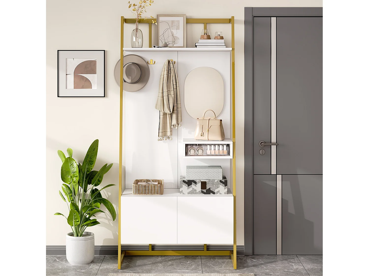 Ensemble vestiaire d'entrée 78x38,5x180,5cm - avec miroir et crochets - Meuble à chaussures - avec étagères - Blanc