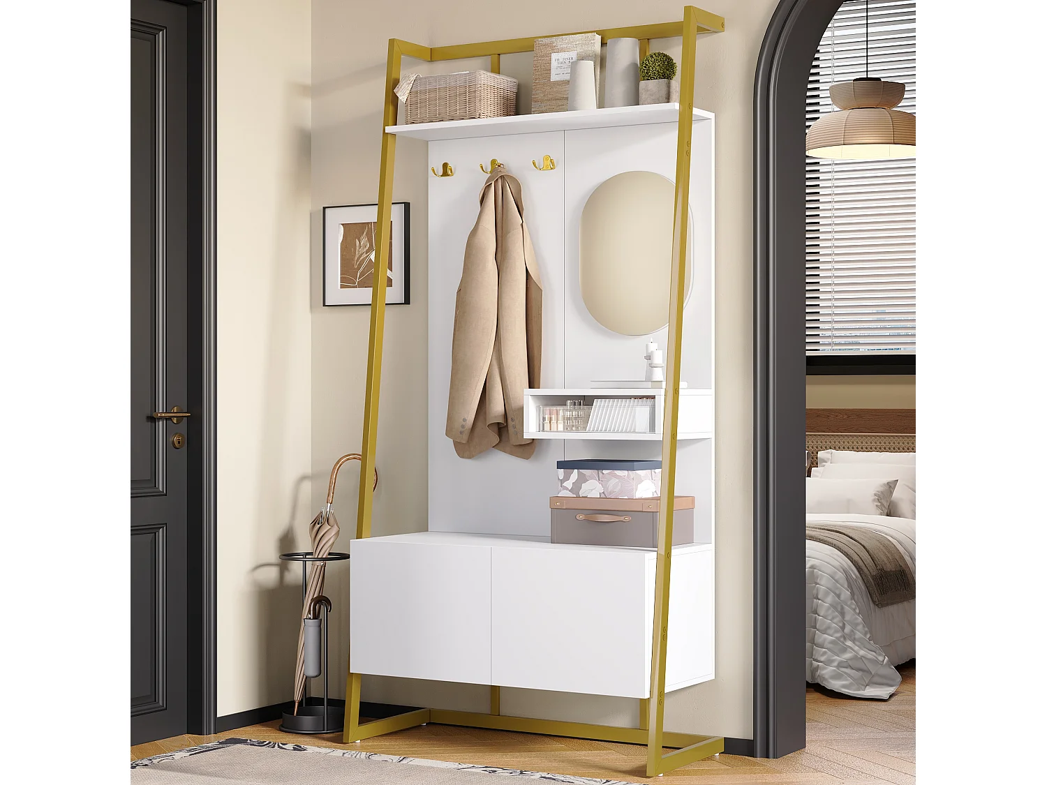 Ensemble vestiaire d'entrée 78x38,5x180,5cm - avec miroir et crochets - Meuble à chaussures - avec étagères - Blanc