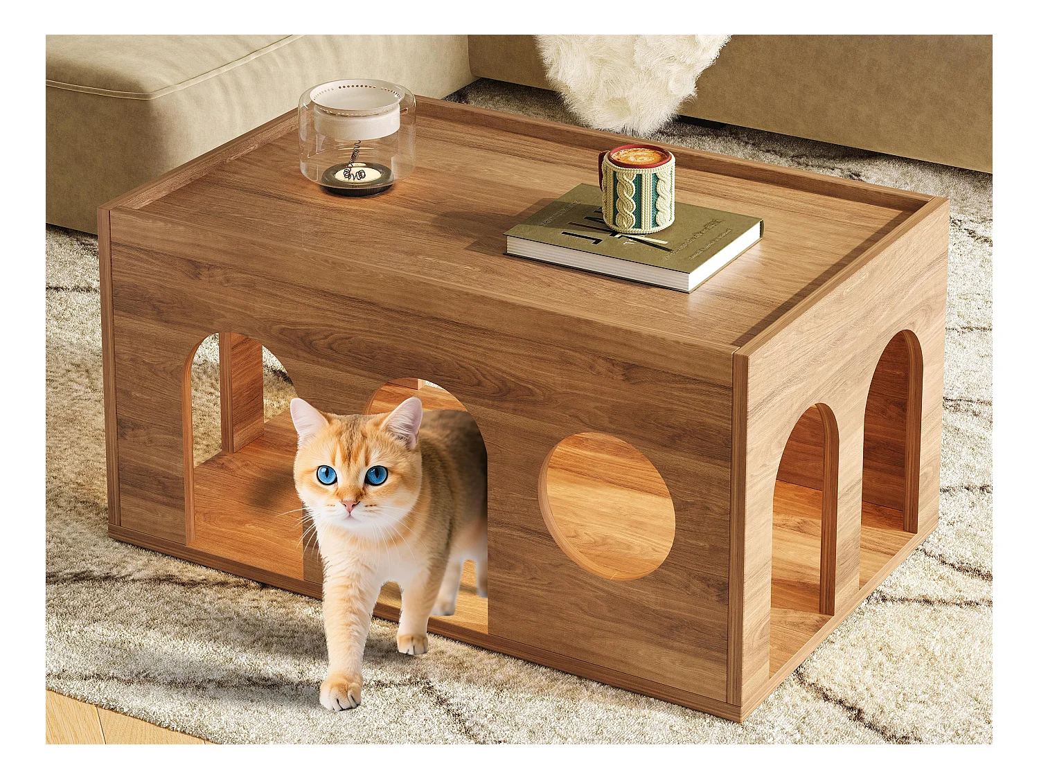 Table basse 80x50x40 cm - avec trou pour chat - espace ouvert - MDF - naturel
