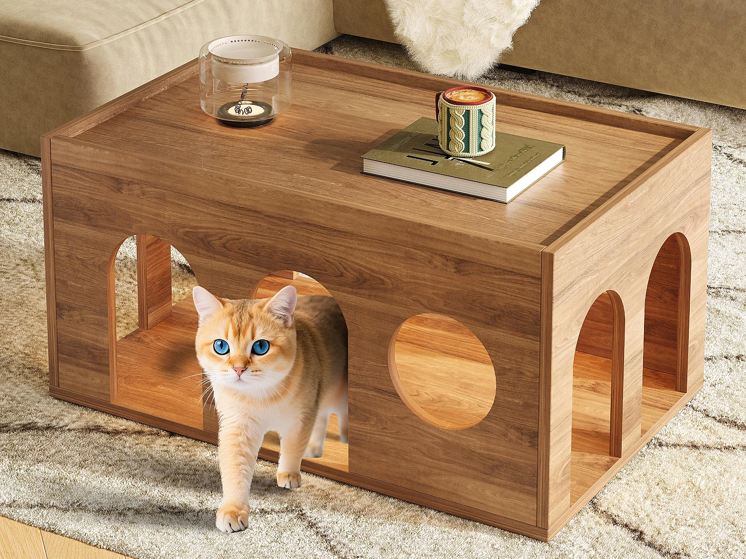 Table basse 80x50x40 cm - avec trou pour chat - espace ouvert - MDF - naturel