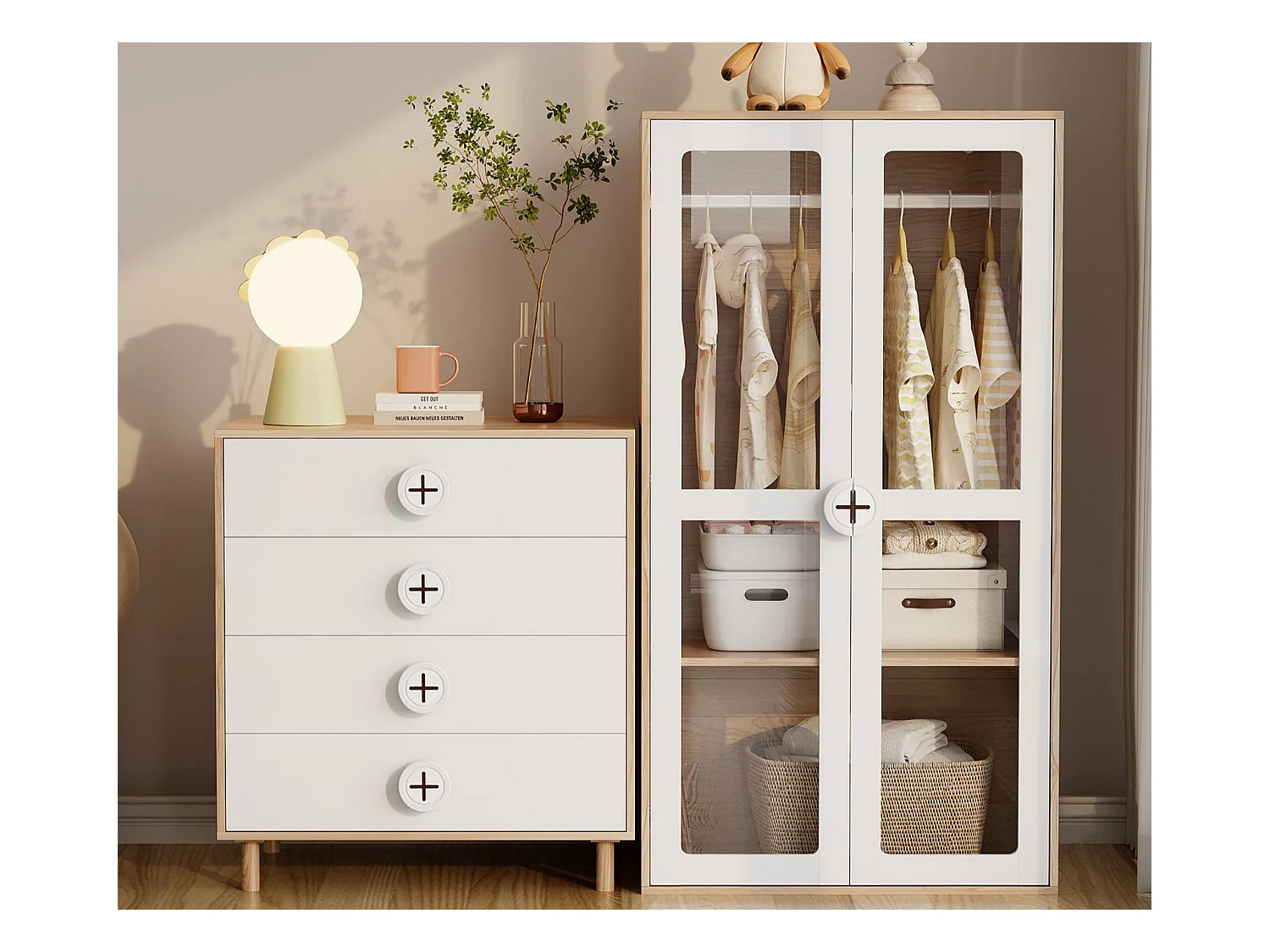 Ensemble armoire 2 pièces - armoire + table de chevet - 4 tiroirs et 2 portes - blanc + naturel