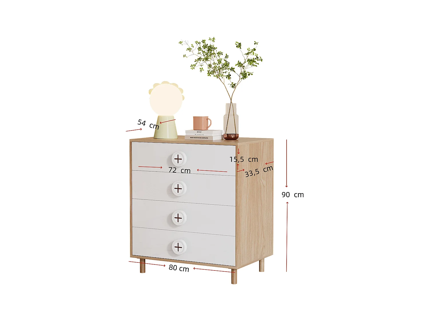 Ensemble armoire 2 pièces - armoire + table de chevet - 4 tiroirs et 2 portes - blanc + naturel