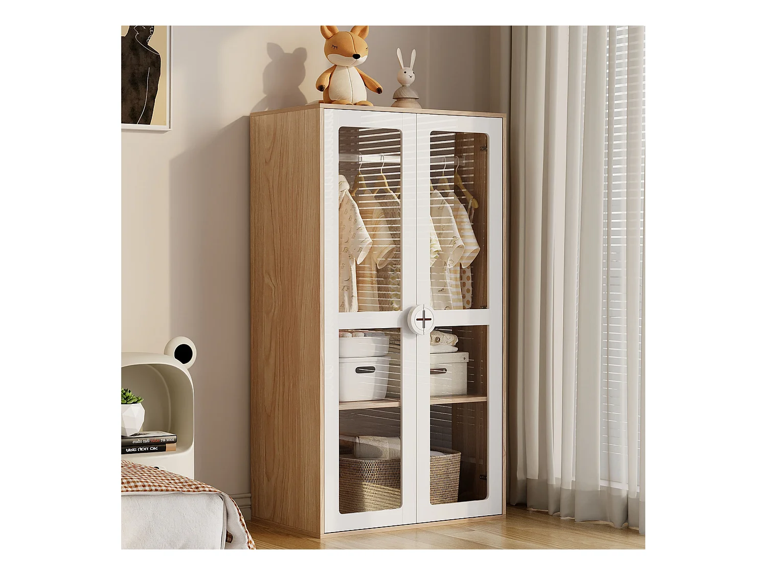 Ensemble armoire 2 pièces - armoire + table de chevet - 4 tiroirs et 2 portes - blanc + naturel