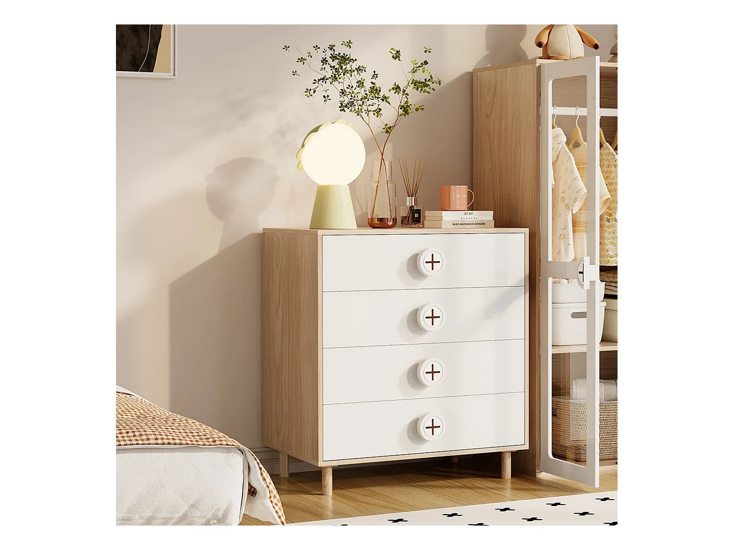 Ensemble armoire 2 pièces - armoire + table de chevet - 4 tiroirs et 2 portes - blanc + naturel