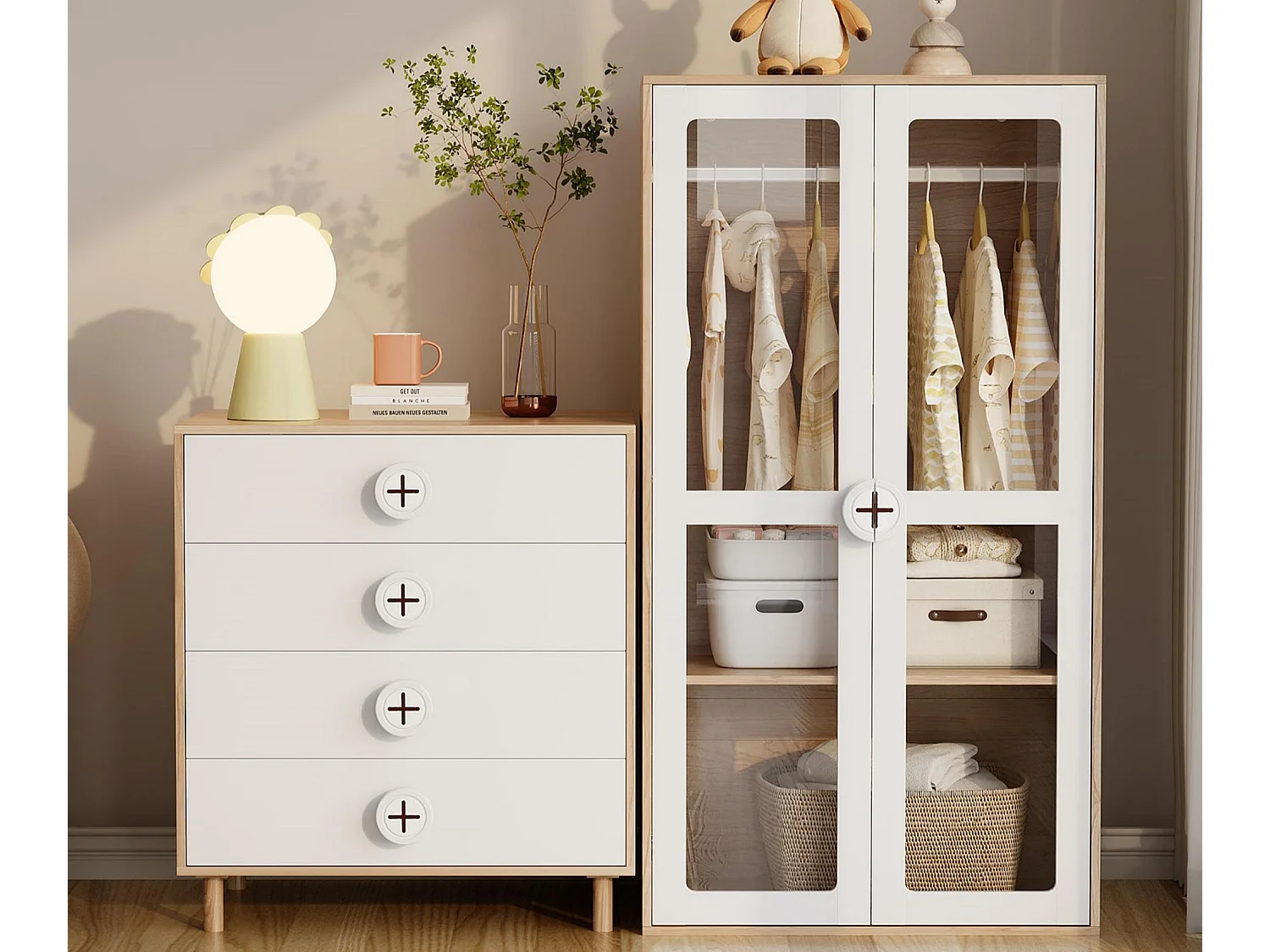 Kleiderschrank-Set 2-teilig - Kleiderschrank + Nachttisch - 4 Schubladen und 2 Türen - weiß + natur