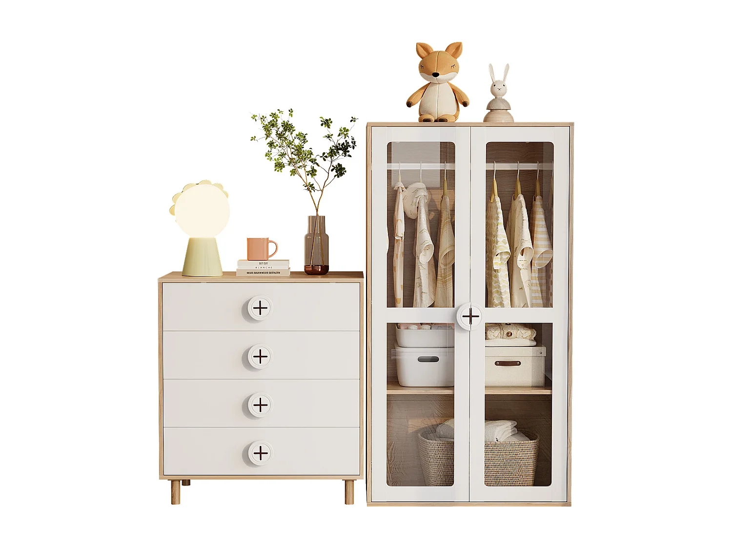 Kleiderschrank-Set 2-teilig - Kleiderschrank + Nachttisch - 4 Schubladen und 2 Türen - weiß + natur