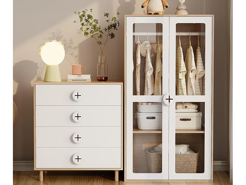 Set armadio 2 pezzi - armadio + comodino - 4 cassetti e 2 ante - bianco + naturale