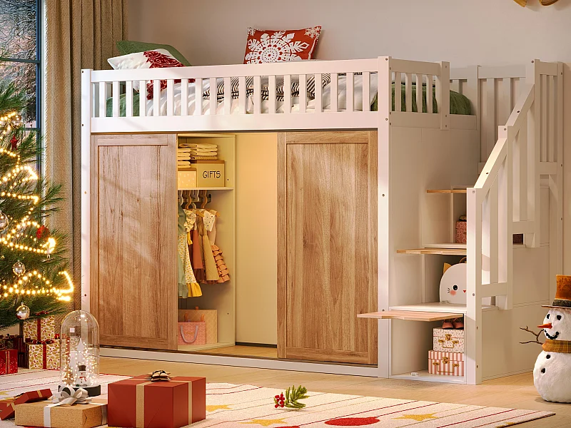 Cama altillo infantil 90x200 cm - con colgador - Escalera de almacenamiento - con iluminación LED - Blanco + natural (colchón no incluido)