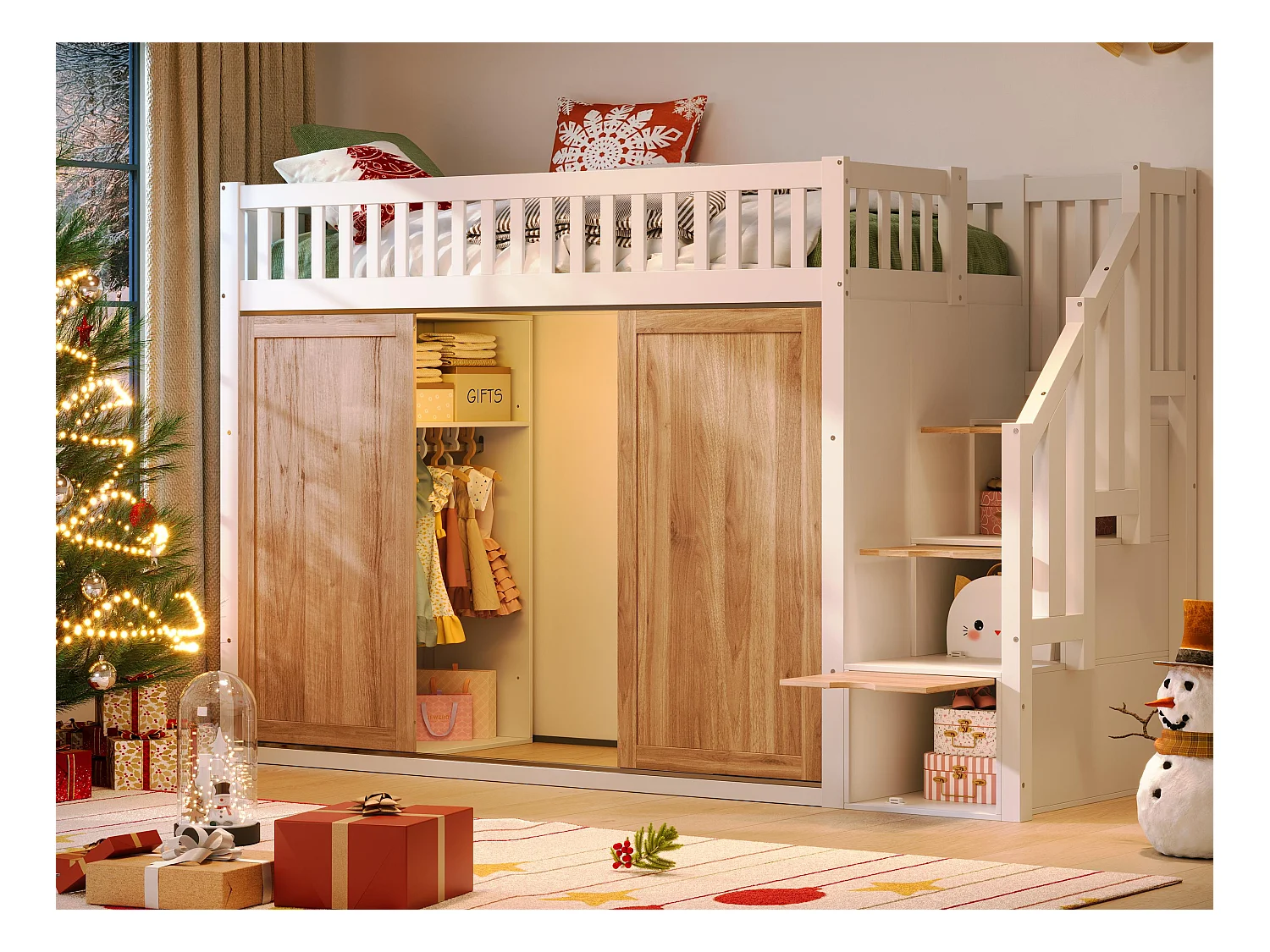 Lit mezzanine enfant 90x200 cm - avec penderie - Escalier de rangement - avec éclairage LED - Blanc + naturel(matelas non inclus)