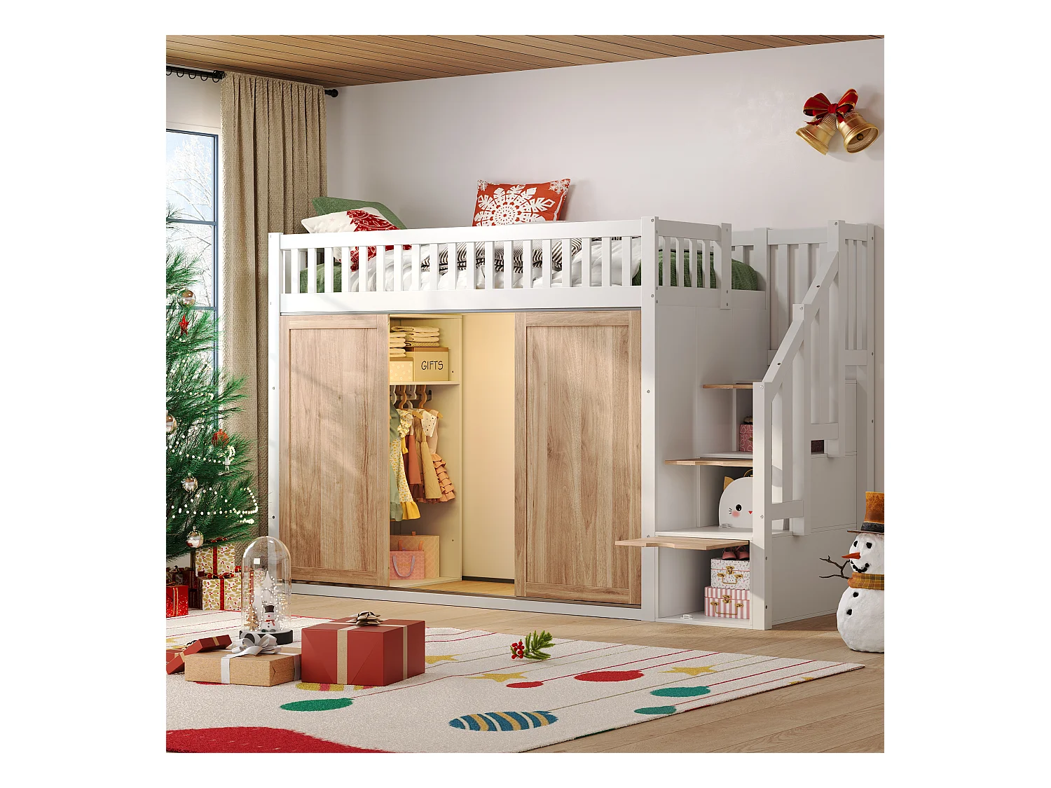 Lit mezzanine enfant 90x200 cm - avec penderie - Escalier de rangement - avec éclairage LED - Blanc + naturel(matelas non inclus)