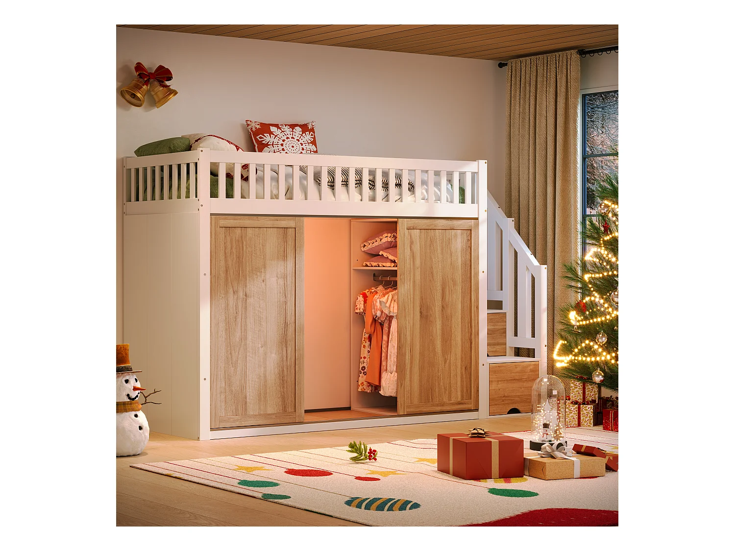 Lit mezzanine enfant 90x200 cm - avec penderie - Escalier de rangement - avec éclairage LED - Blanc + naturel(matelas non inclus)