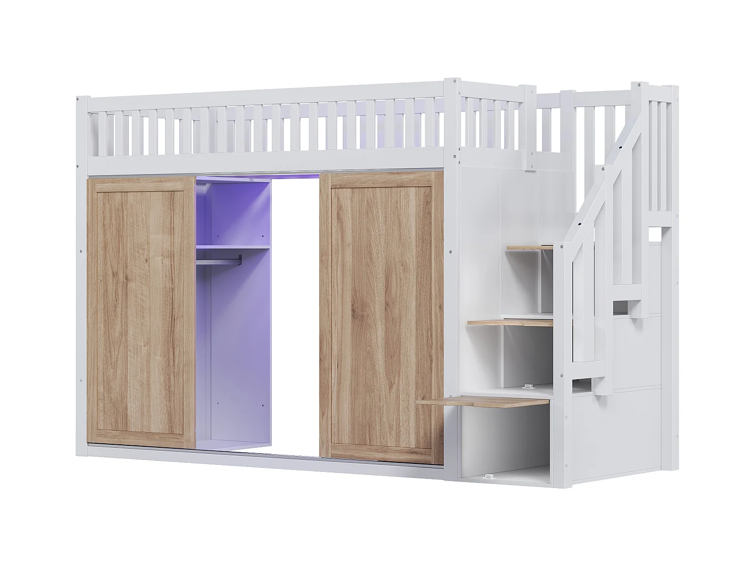 Lit mezzanine enfant 90x200 cm - avec penderie - Escalier de rangement - avec éclairage LED - Blanc + naturel(matelas non inclus)