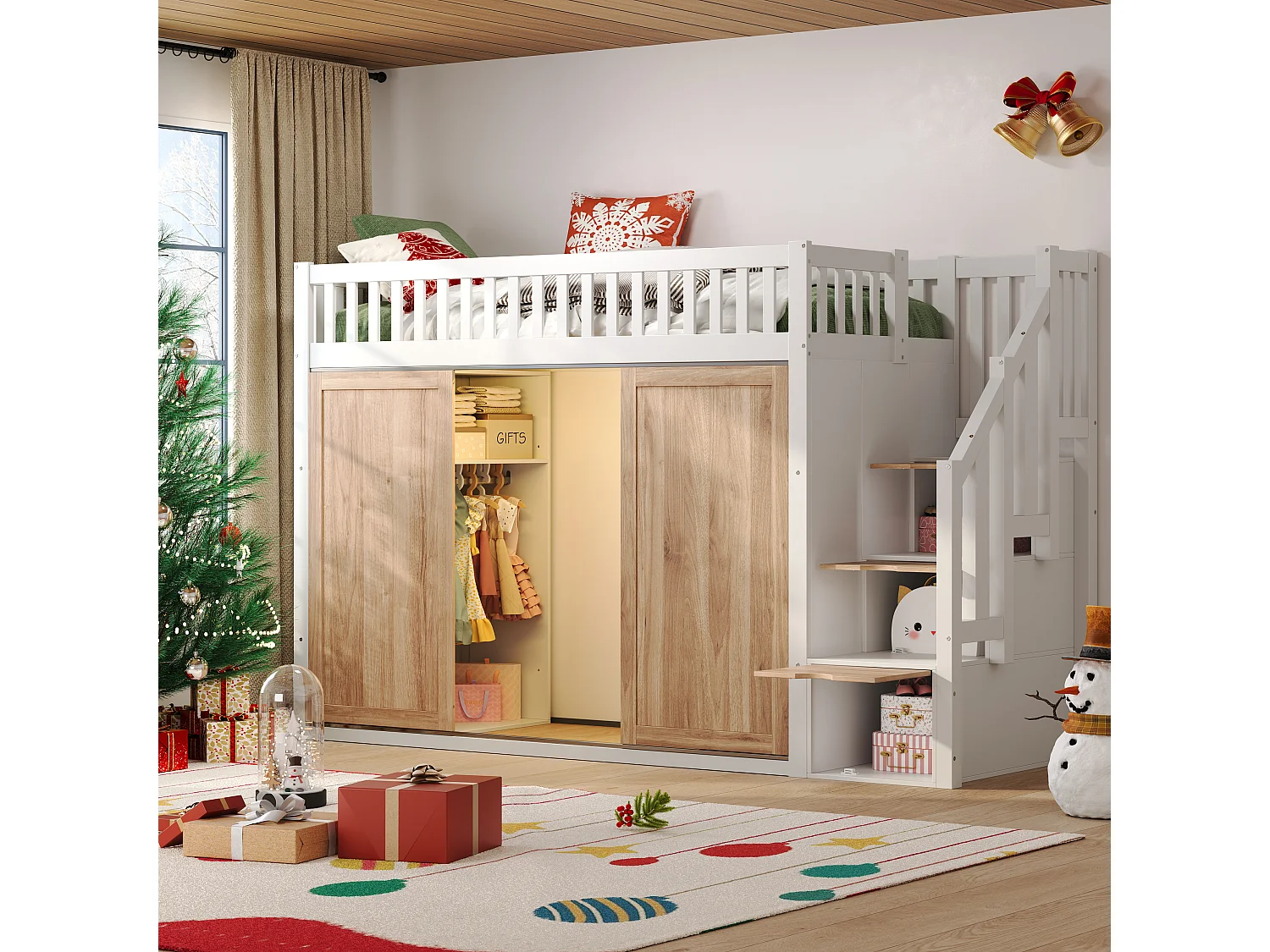 Lit mezzanine enfant 90x200 cm - avec penderie - Escalier de rangement - avec éclairage LED - Blanc + naturel(matelas non inclus)