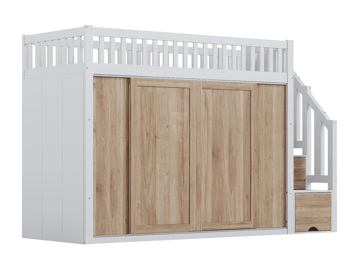 Lit mezzanine enfant 90x200 cm - avec penderie - Escalier de rangement - avec éclairage LED - Blanc + naturel(matelas non inclus)