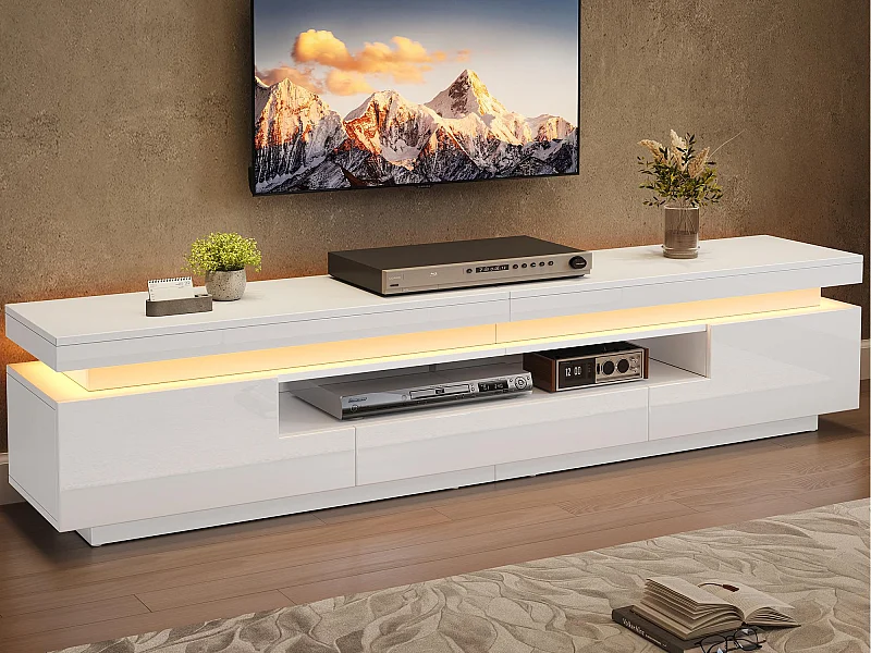 Meuble TV 175x38x45cm - avec 2 portes et 1 tiroir - avec éclairage LED - Finition brillante - Blanc