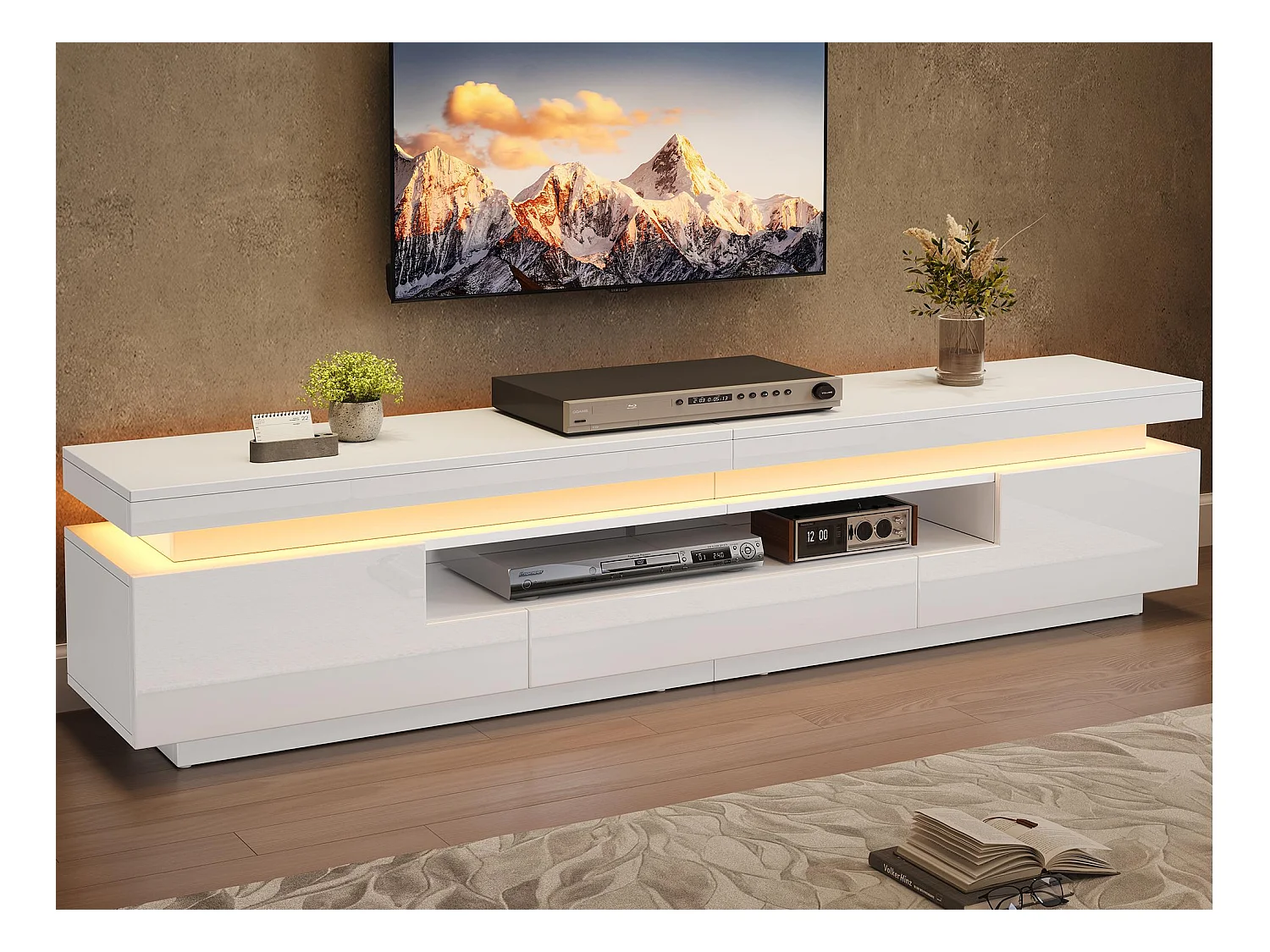 Meuble TV 175x38x45cm - avec 2 portes et 1 tiroir - avec éclairage LED - Finition brillante - Blanc