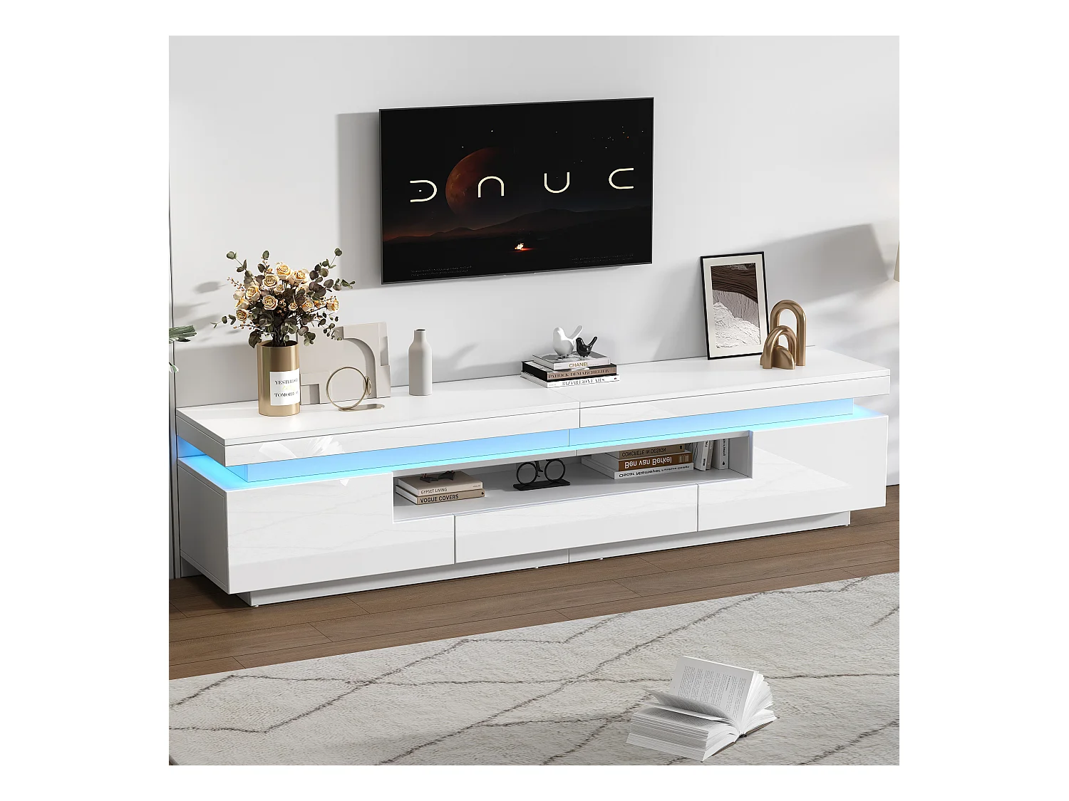 Meuble TV 175x38x45cm - avec 2 portes et 1 tiroir - avec éclairage LED - Finition brillante - Blanc