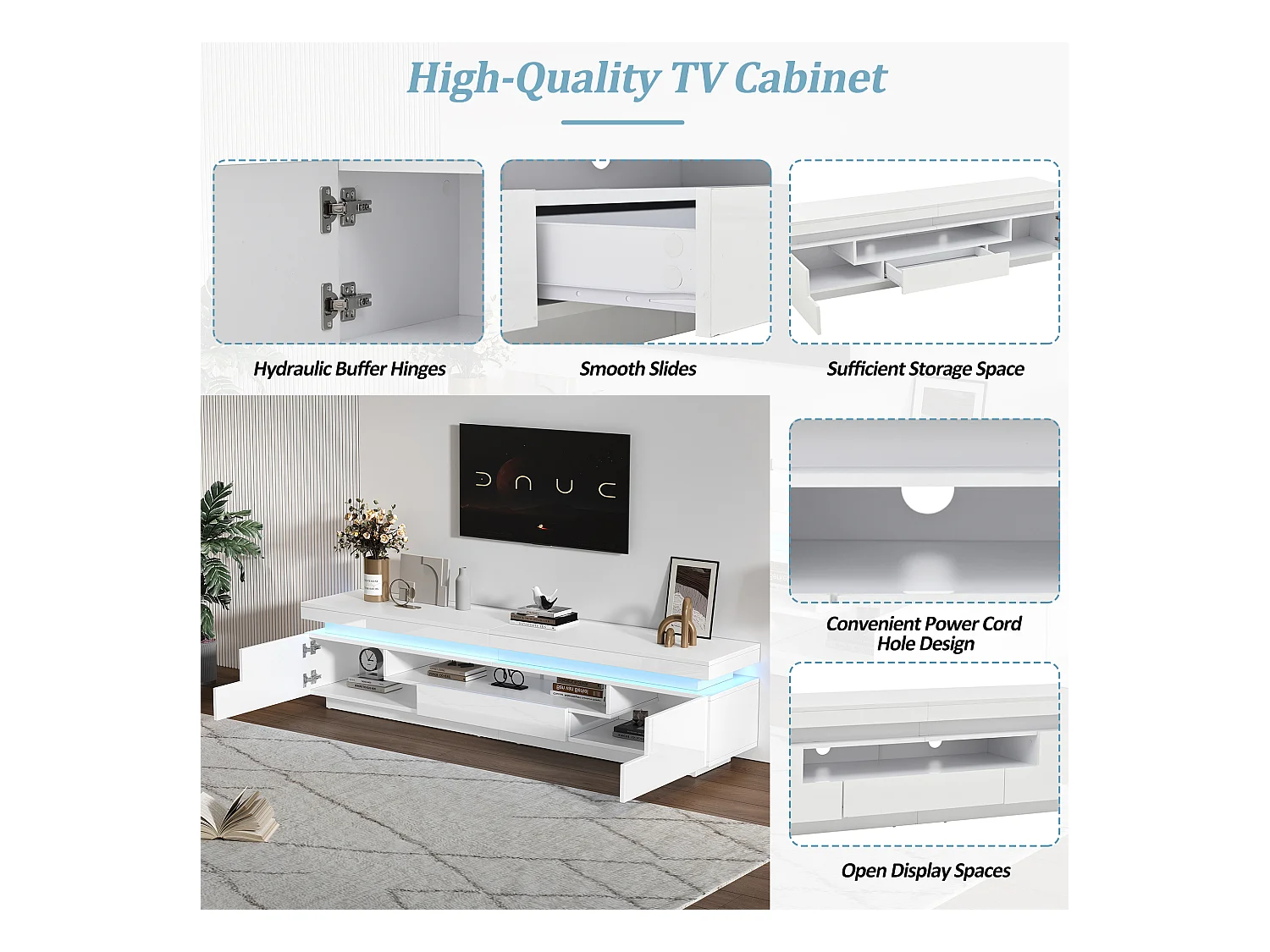 Meuble TV 175x38x45cm - avec 2 portes et 1 tiroir - avec éclairage LED - Finition brillante - Blanc
