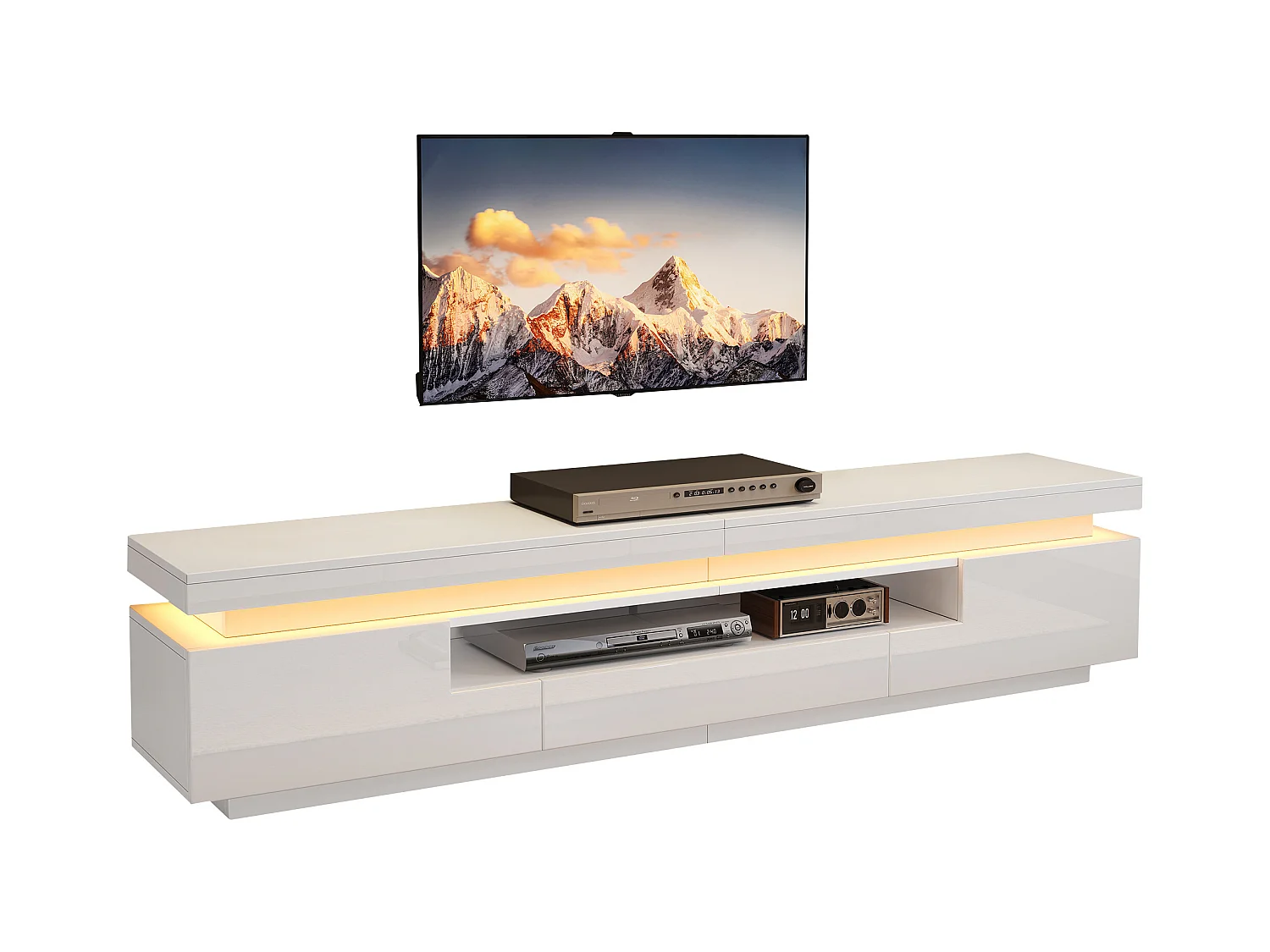 Meuble TV 175x38x45cm - avec 2 portes et 1 tiroir - avec éclairage LED - Finition brillante - Blanc