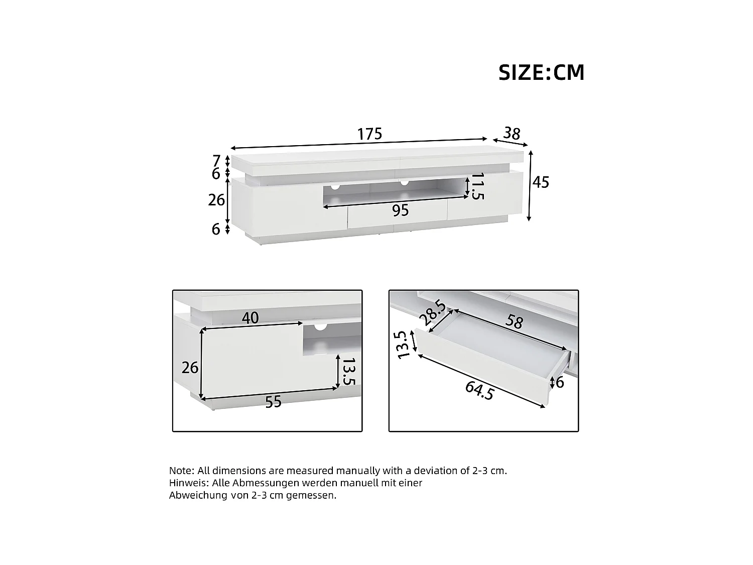 Meuble TV 175x38x45cm - avec 2 portes et 1 tiroir - avec éclairage LED - Finition brillante - Blanc