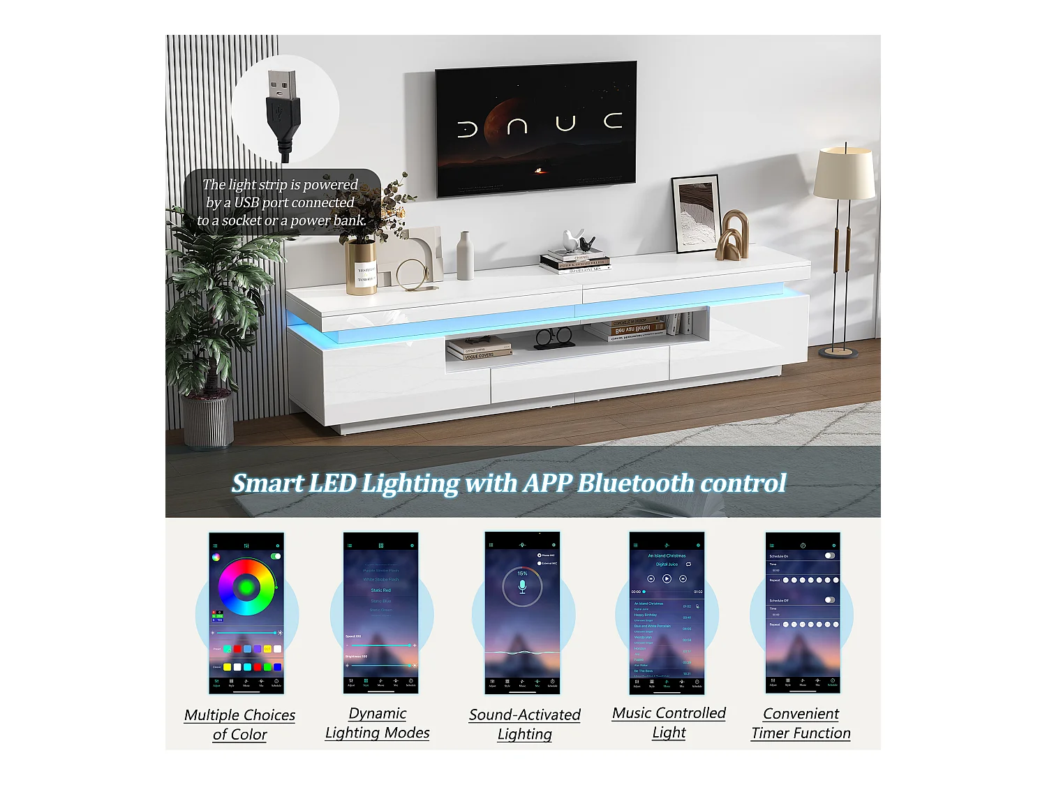 Meuble TV 175x38x45cm - avec 2 portes et 1 tiroir - avec éclairage LED - Finition brillante - Blanc