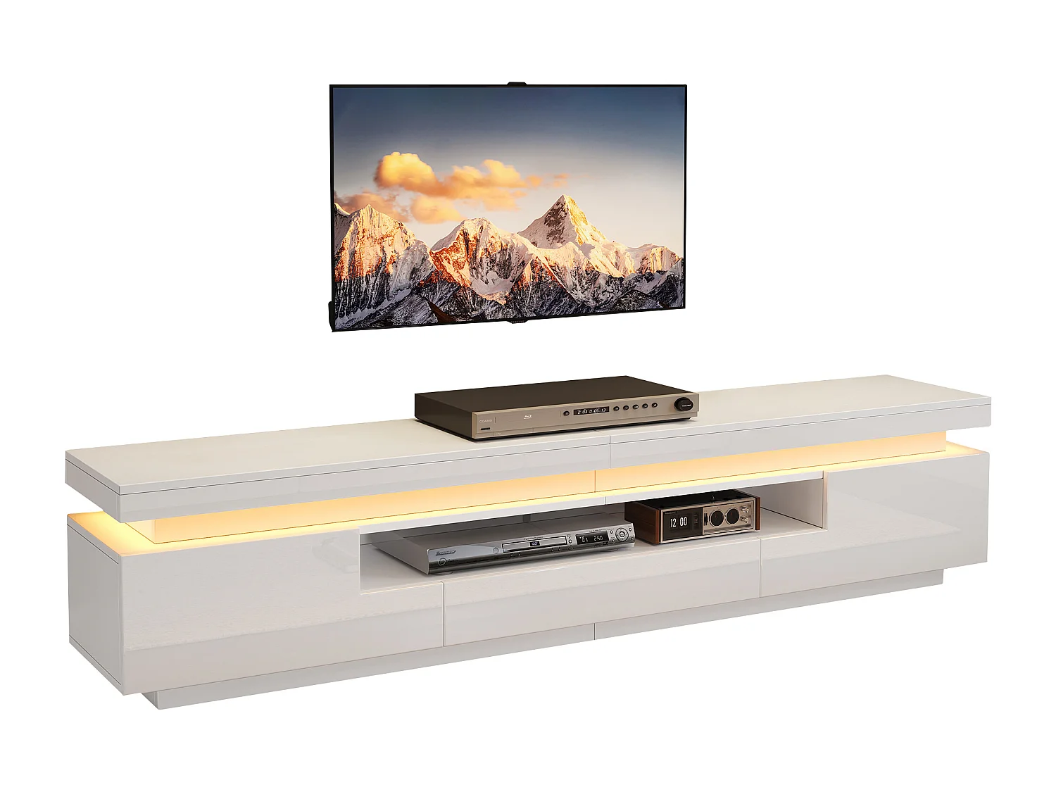 TV-Schrank 175x38x45 cm - mit 2 Türen und 1 Schublade - mit LED-Beleuchtung - Hochglanzfinish - Weiß