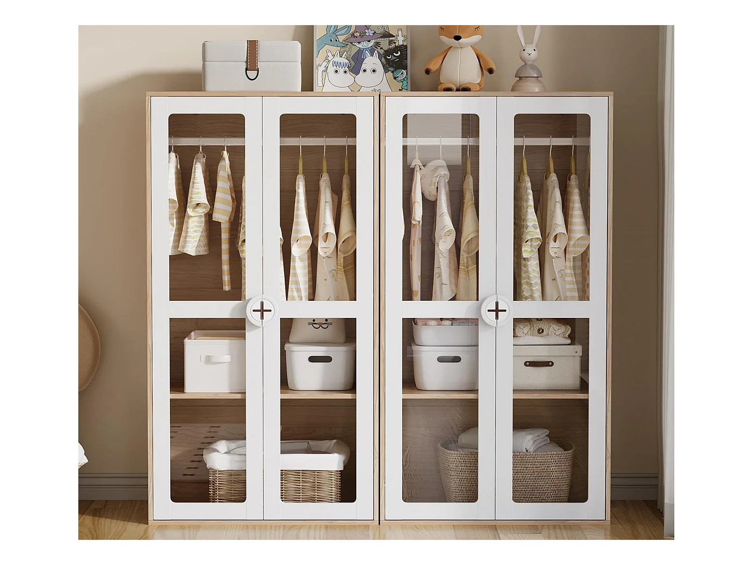 Lot de 2 armoires enfants 160x50x150 cm - 4 portes vitrées - avec tringles à vêtements - étagères réglables - blanc+naturel