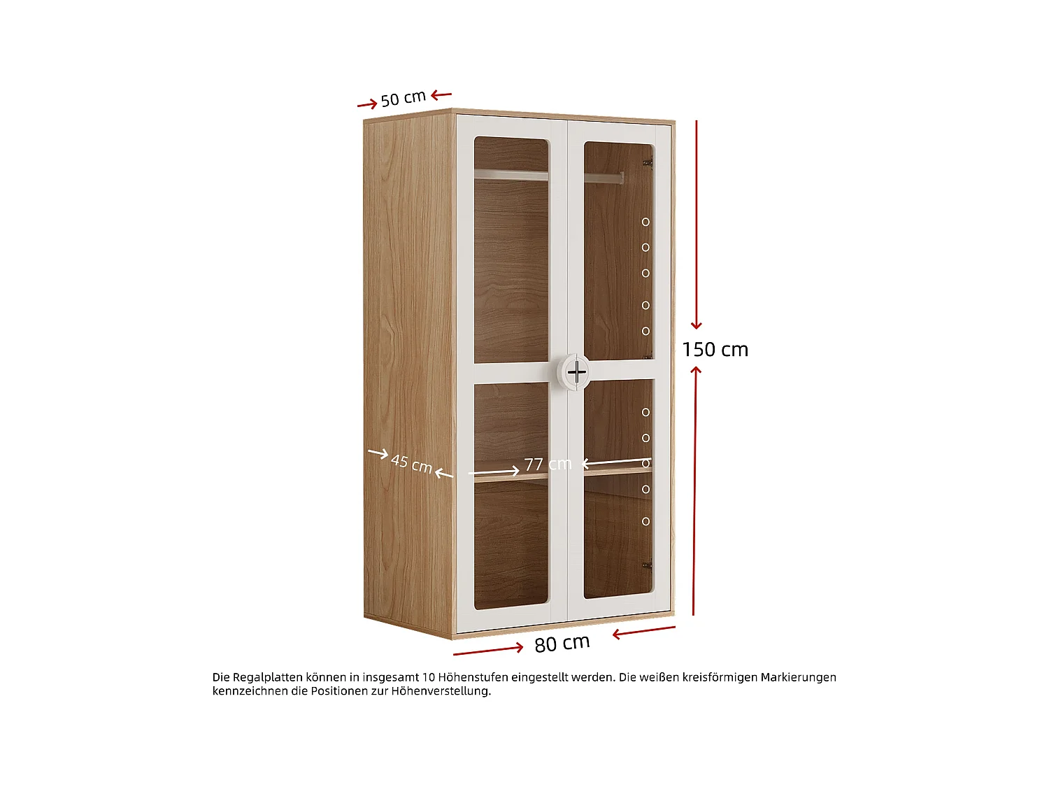 Lot de 2 armoires enfants 160x50x150 cm - 4 portes vitrées - avec tringles à vêtements - étagères réglables - blanc+naturel