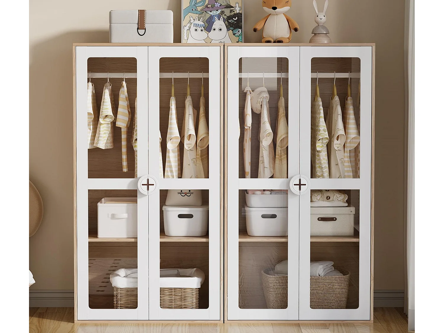 Lot de 2 armoires enfants 160x50x150 cm - 4 portes vitrées - avec tringles à vêtements - étagères réglables - blanc+naturel