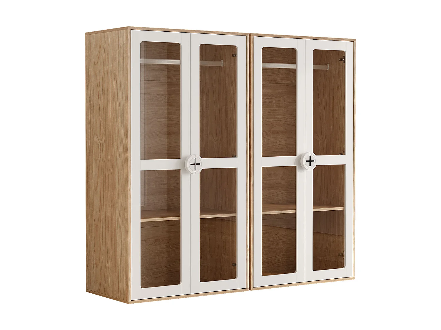 Lot de 2 armoires enfants 160x50x150 cm - 4 portes vitrées - avec tringles à vêtements - étagères réglables - blanc+naturel