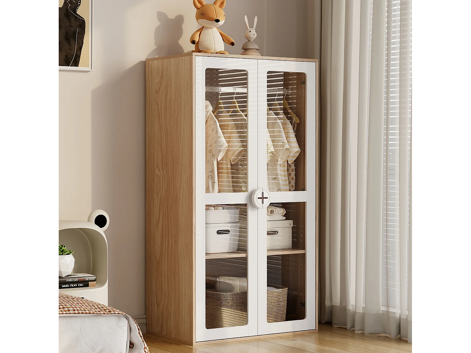 Lot de 2 armoires enfants 160x50x150 cm - 4 portes vitrées - avec tringles à vêtements - étagères réglables - blanc+naturel