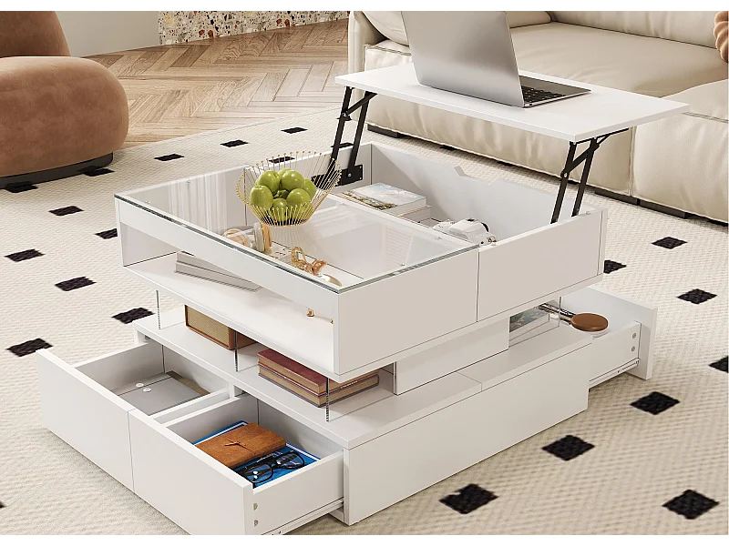 Höhenverstellbarer Beistelltisch 70x67x57 cm - 2 Schubladen - LED-Beleuchtung - Glasplatte - Weiß