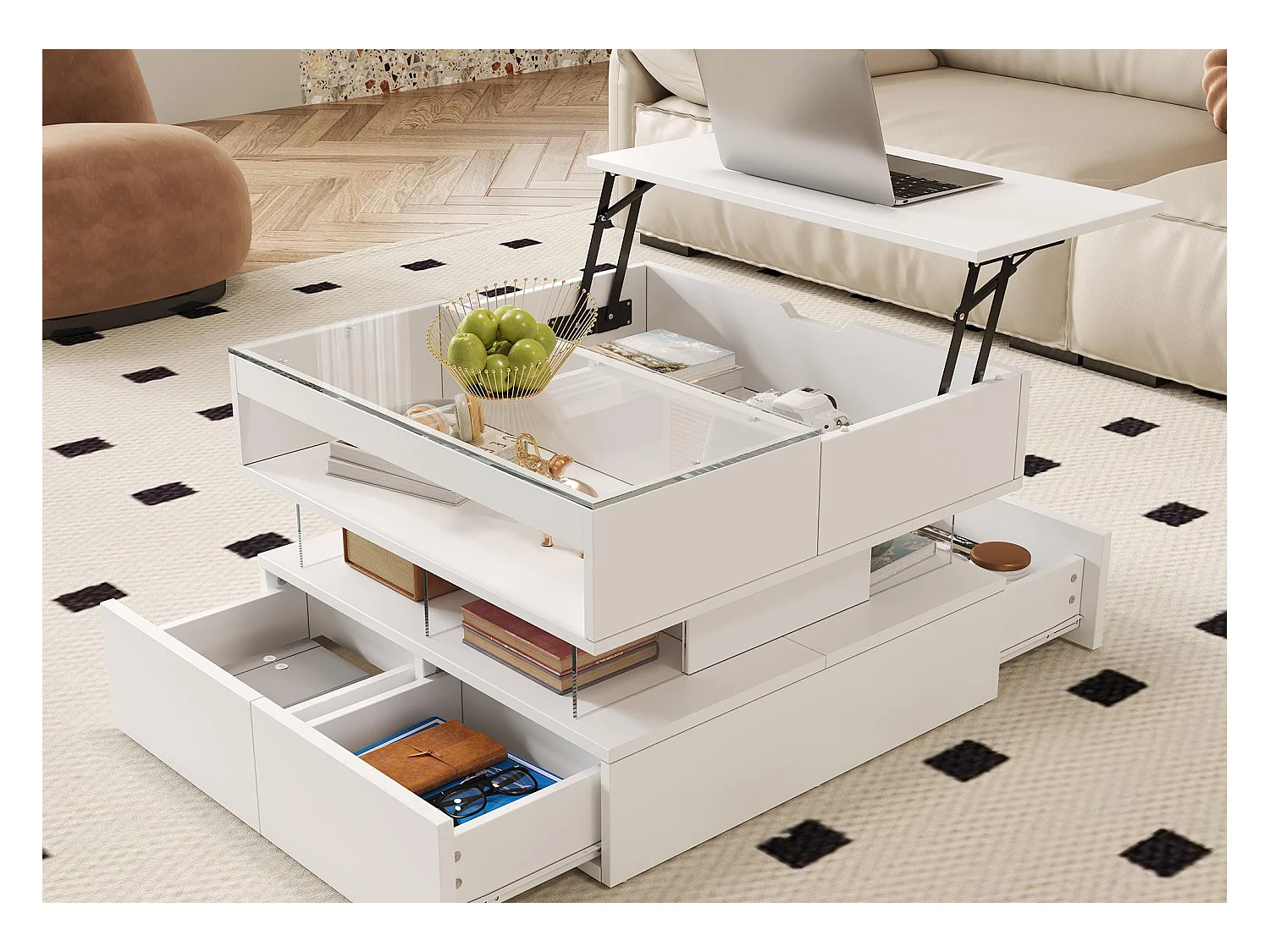 Table basse relevable 70x67x57 cm - 2 tiroirs - Éclairage LED - Plateau en verre - Blanc