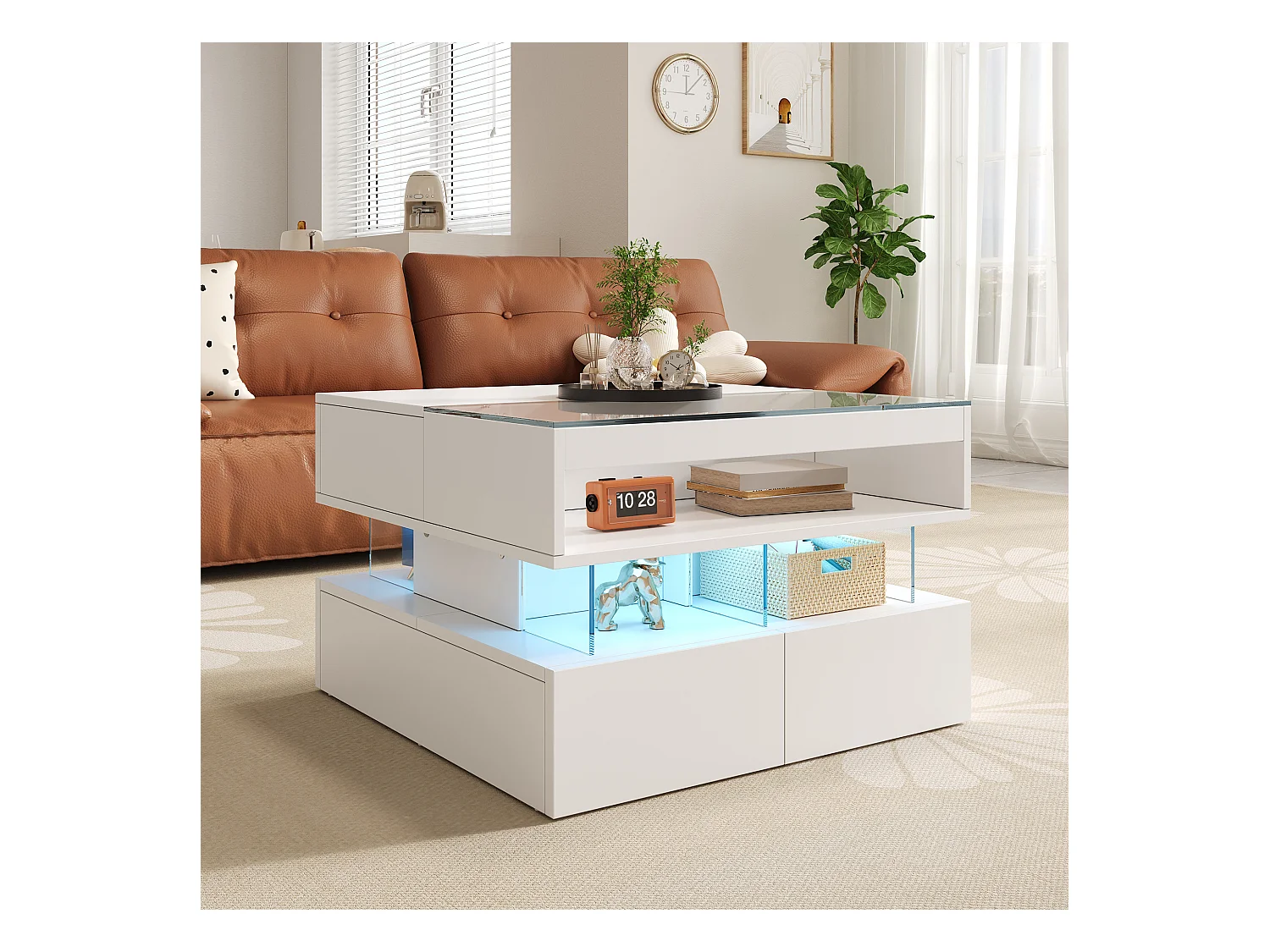 Table basse relevable 70x67x57 cm - 2 tiroirs - Éclairage LED - Plateau en verre - Blanc
