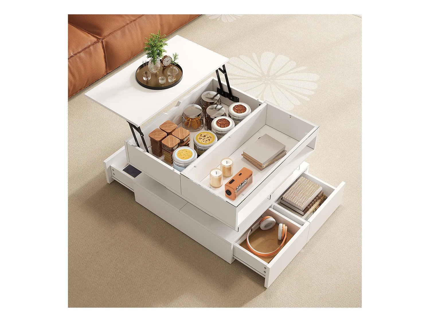 Table basse relevable 70x67x57 cm - 2 tiroirs - Éclairage LED - Plateau en verre - Blanc