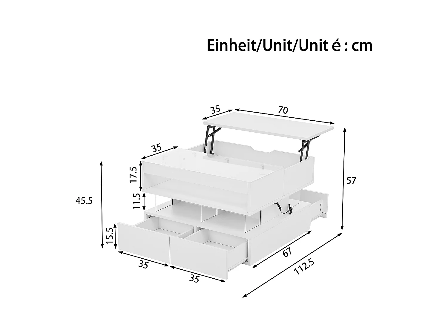 Table basse relevable 70x67x57 cm - 2 tiroirs - Éclairage LED - Plateau en verre - Blanc