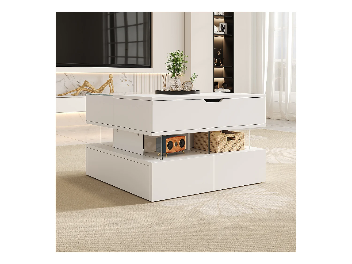 Table basse relevable 70x67x57 cm - 2 tiroirs - Éclairage LED - Plateau en verre - Blanc