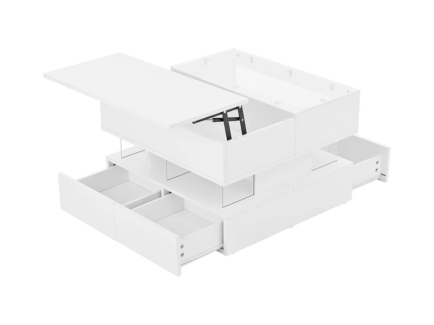 Table basse relevable 70x67x57 cm - 2 tiroirs - Éclairage LED - Plateau en verre - Blanc