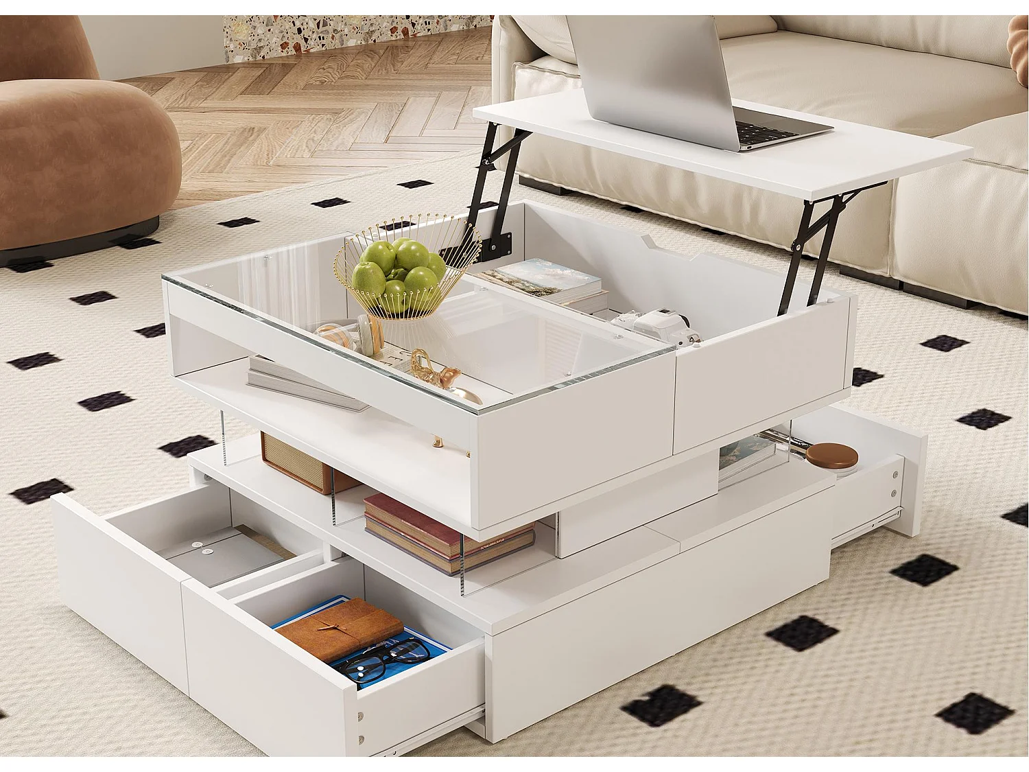 Höhenverstellbarer Beistelltisch 70x67x57 cm - 2 Schubladen - LED-Beleuchtung - Glasplatte - Weiß