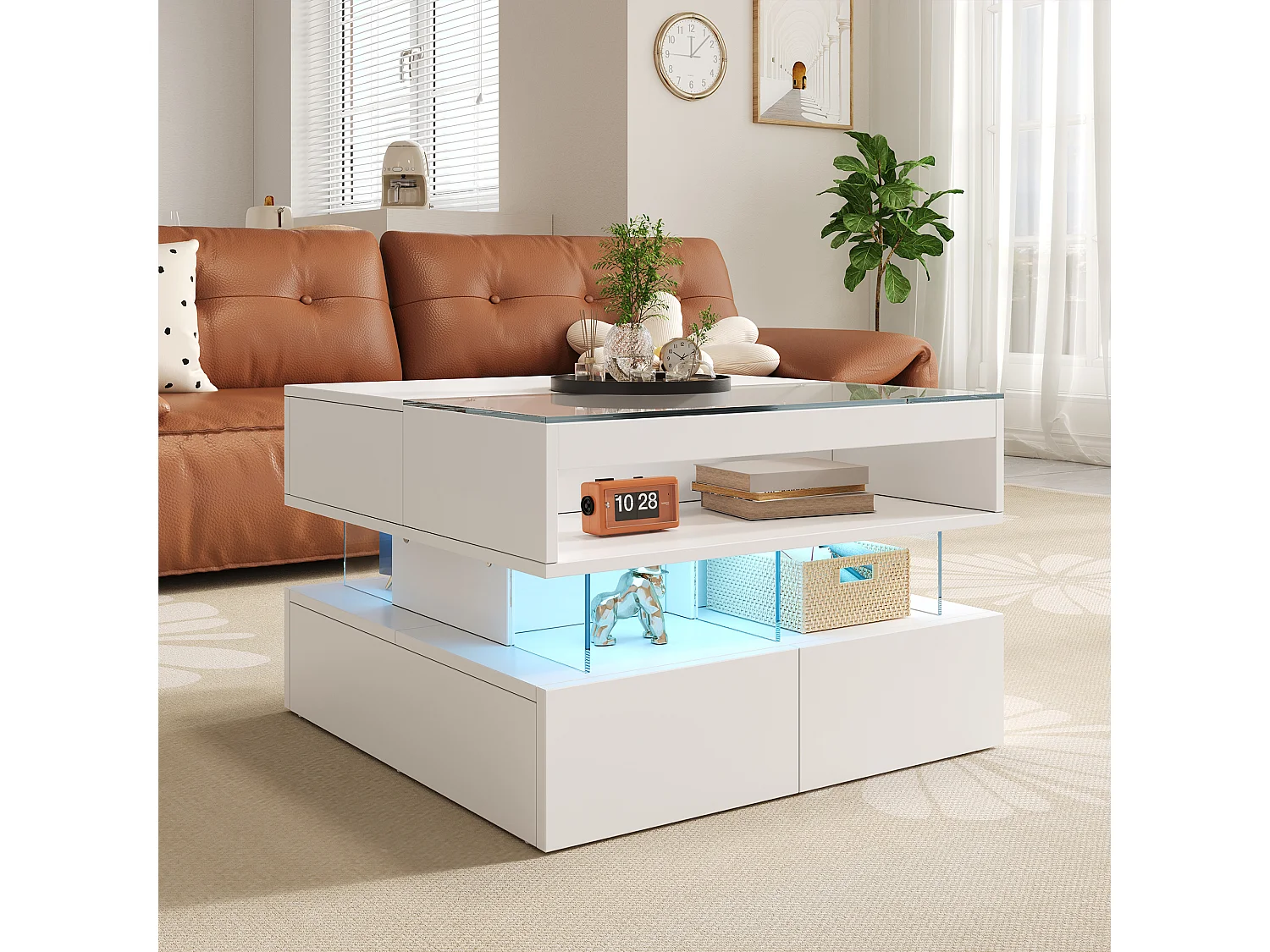 Höhenverstellbarer Beistelltisch 70x67x57 cm - 2 Schubladen - LED-Beleuchtung - Glasplatte - Weiß