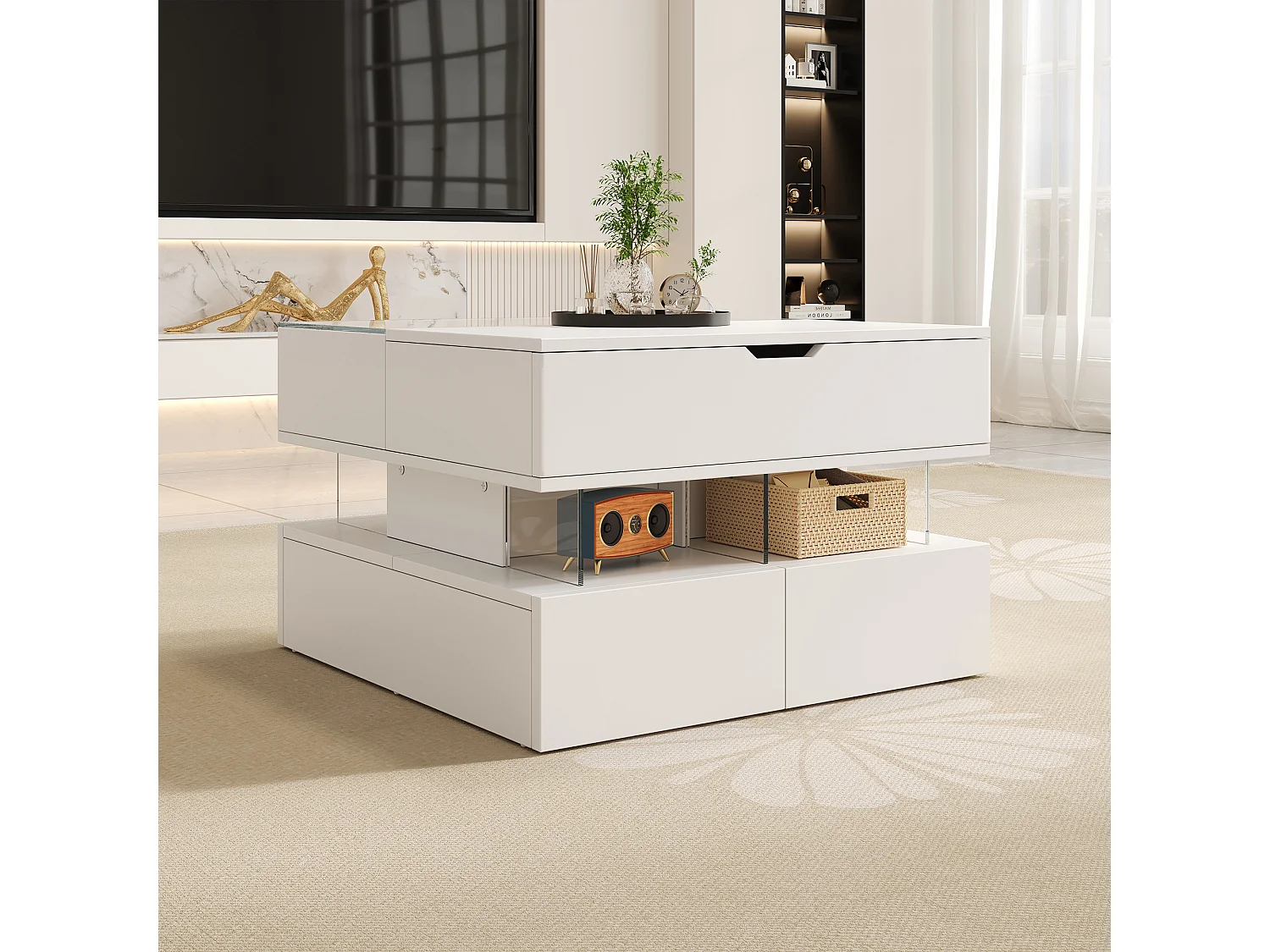 Höhenverstellbarer Beistelltisch 70x67x57 cm - 2 Schubladen - LED-Beleuchtung - Glasplatte - Weiß