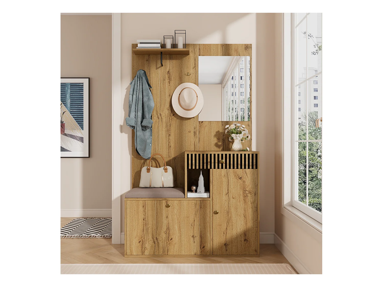 Ensemble vestiaire d'entrée 110x37x185,5 cm - avec miroir et crochets - Meuble à chaussures et banc à chaussures - Naturel