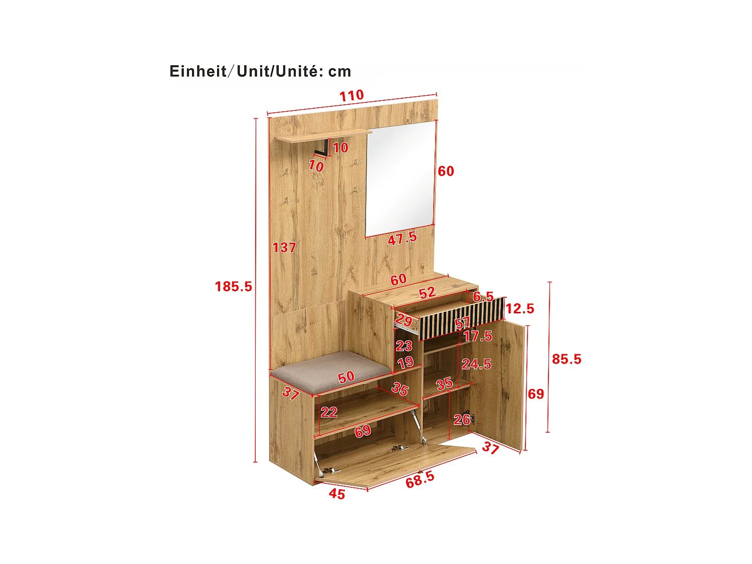 Ensemble vestiaire d'entrée 110x37x185,5 cm - avec miroir et crochets - Meuble à chaussures et banc à chaussures - Naturel