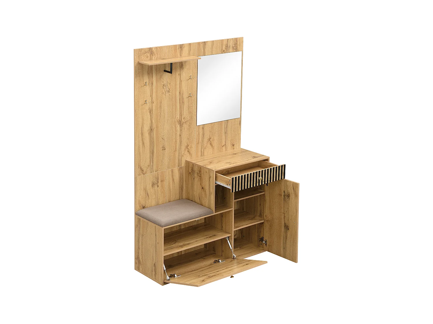 Ensemble vestiaire d'entrée 110x37x185,5 cm - avec miroir et crochets - Meuble à chaussures et banc à chaussures - Naturel