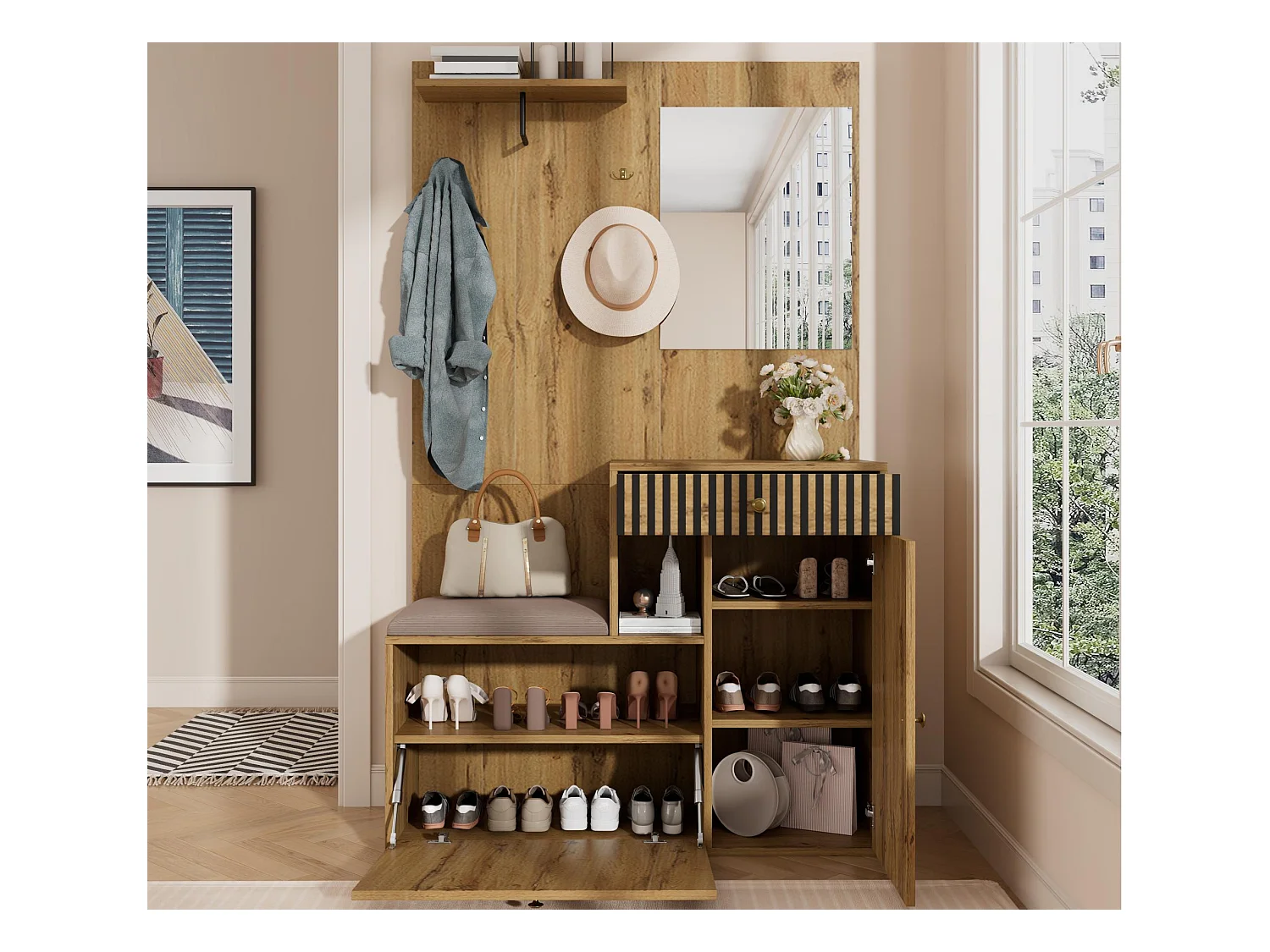 Ensemble vestiaire d'entrée 110x37x185,5 cm - avec miroir et crochets - Meuble à chaussures et banc à chaussures - Naturel
