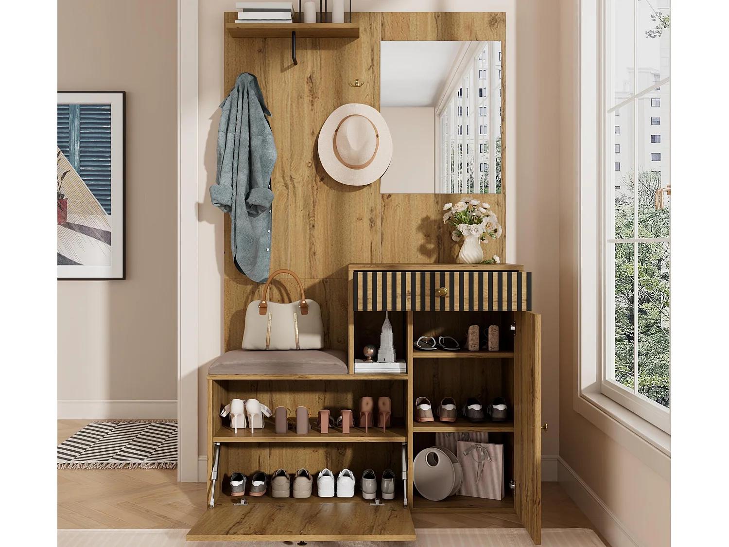 Ensemble vestiaire d'entrée 110x37x185,5 cm - avec miroir et crochets - Meuble à chaussures et banc à chaussures - Naturel